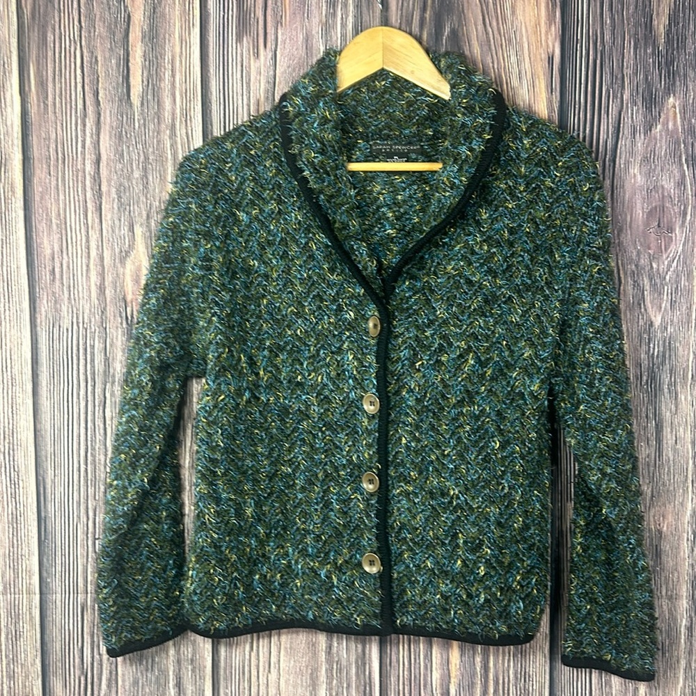 Sarah Spencer Petite Green & Blue Knit Button Down Sweater Jacket size LP